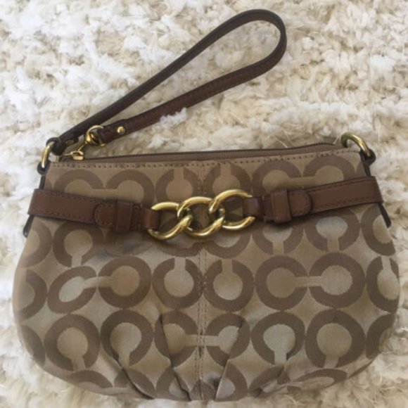 Coach Handbags - Coach Signature Tan / Gold Logo Wristlet / Clutch with Buckle and Leather Trim